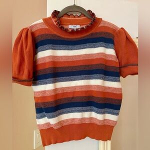Ruffle-neck striped short sleeve cotton sweater tee